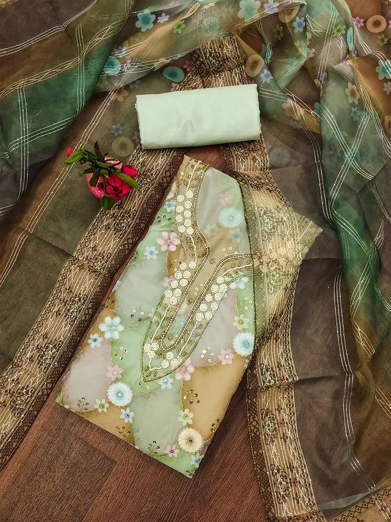 Blissflair green silk embroidered unstitched dress material