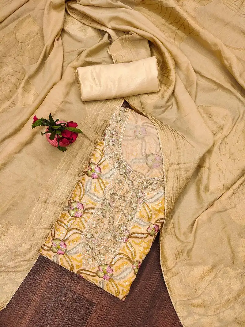 Beige unstitched stylish sequence work organza dress material