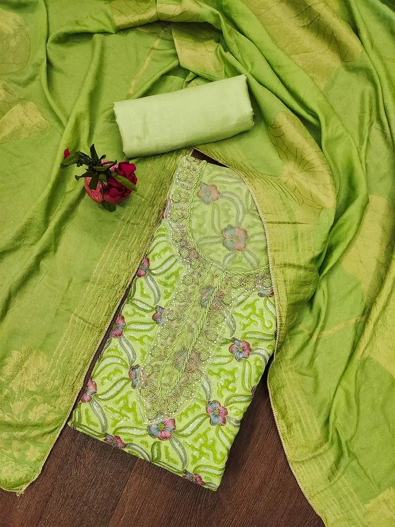 Lime green unstitched stylish sequence work organza dress material