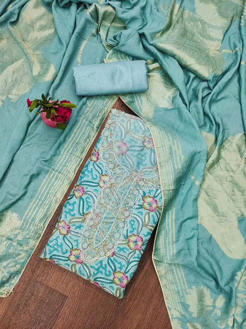 Teal blue unstitched stylish sequence work organza dress material