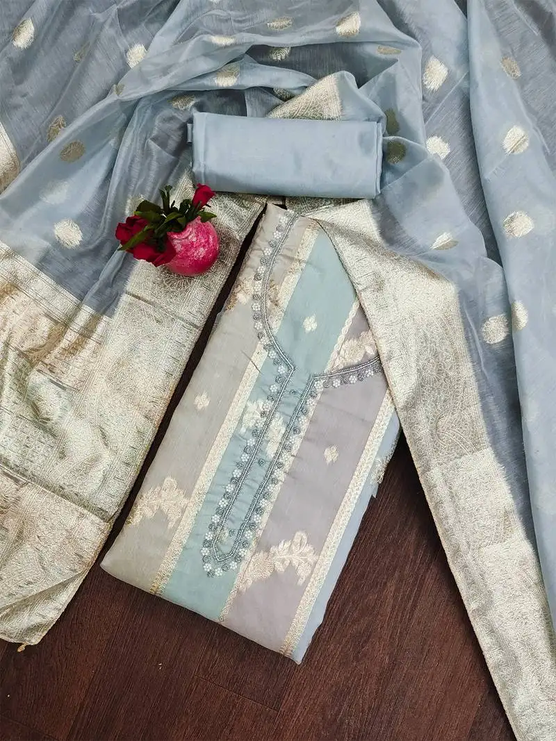 Aqua blue unstitched jari weaving work hand work banarasi jacquard dress material