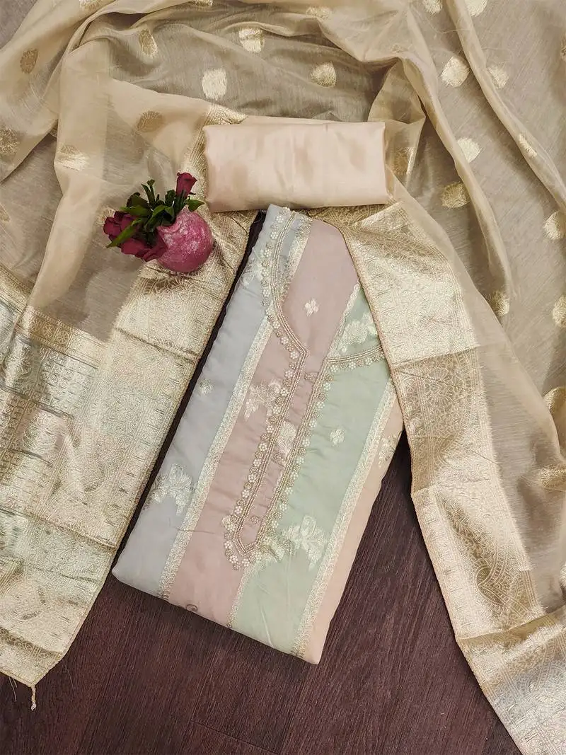 Beige unstitched jari weaving work hand work banarasi jacquard dress material