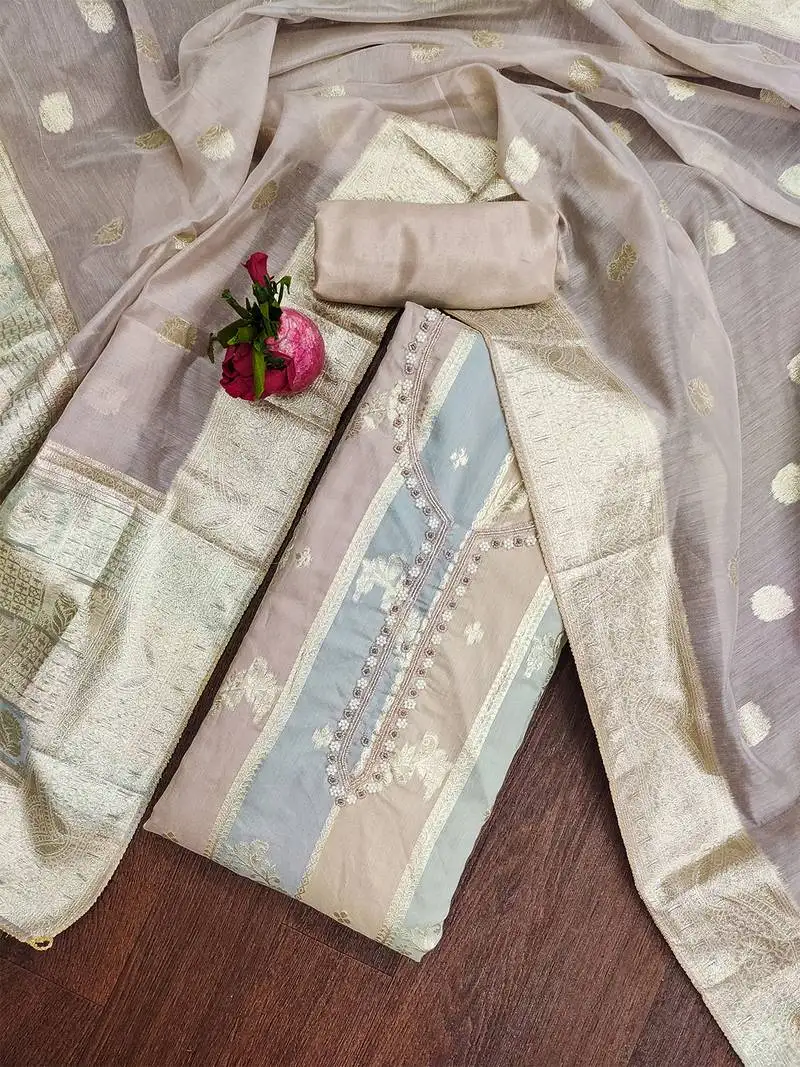 Light pink unstitched jari weaving work hand work banarasi jacquard dress material