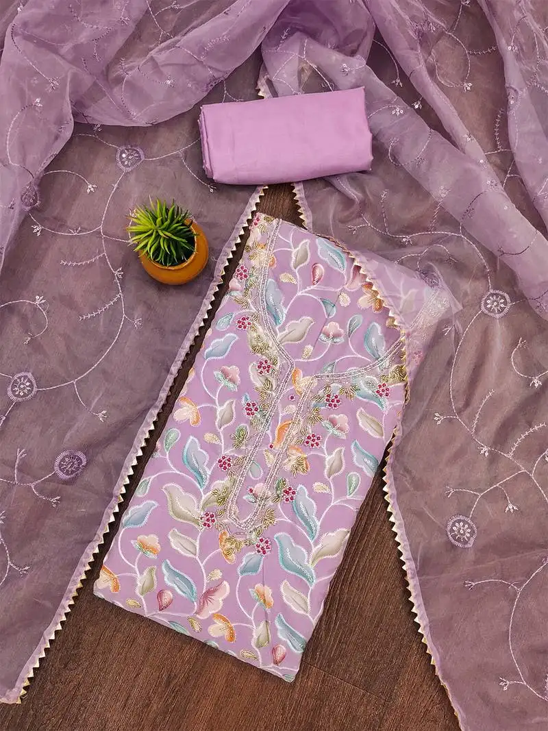 Pink unstitched sequence work organza dress material.