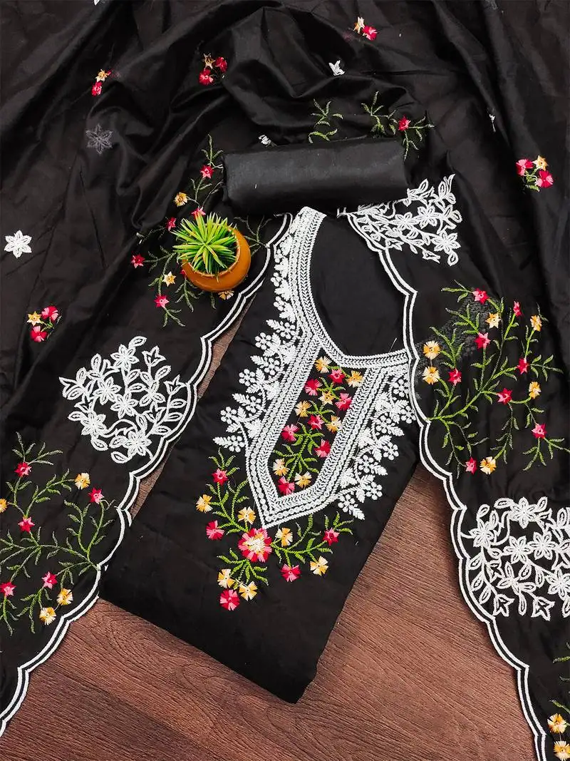 Black floral embroidered chanderi cotton salwar suit material unstitched