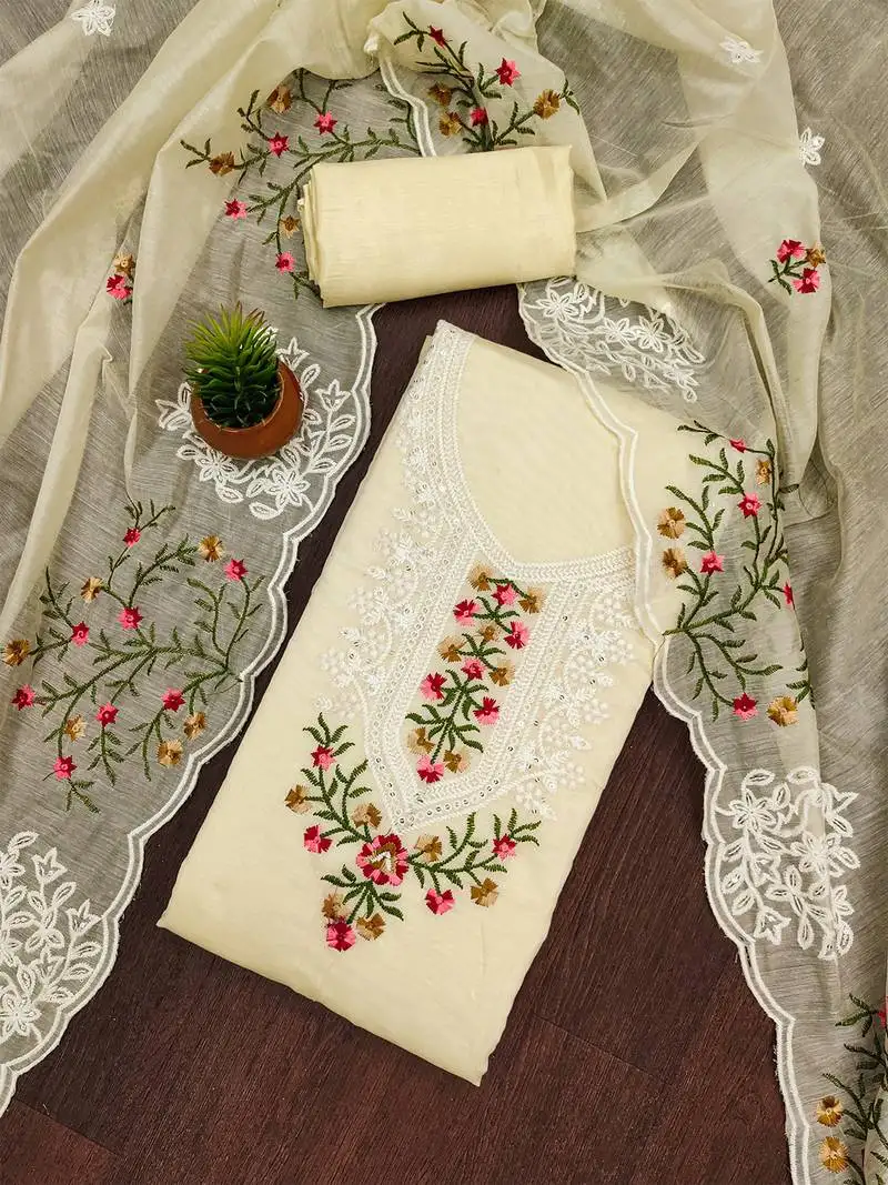 Cream floral embroidered chanderi cotton salwar suit material unstitched