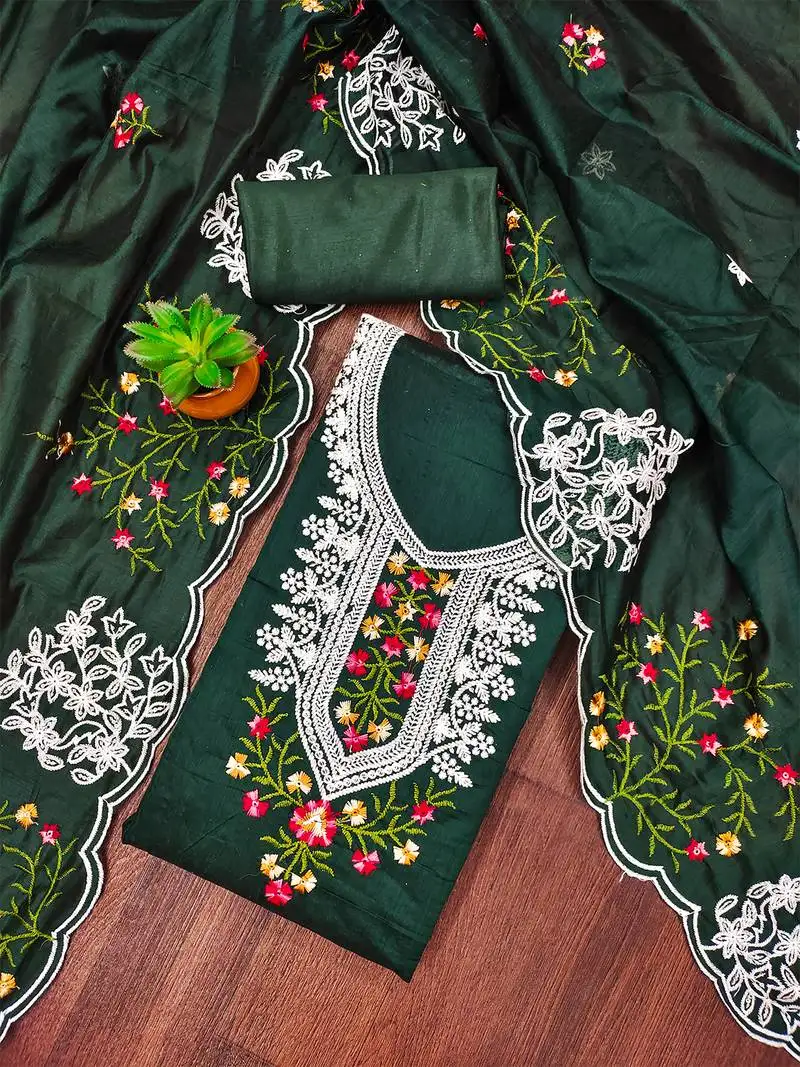 Dark green embroidered chanderi cotton salwar suit material unstitched