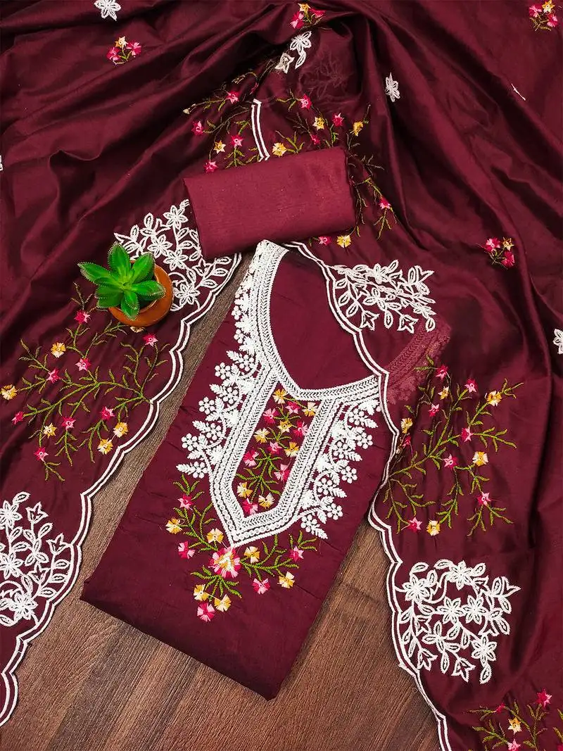 Maroon floral embroidered chanderi cotton salwar suit material unstitched