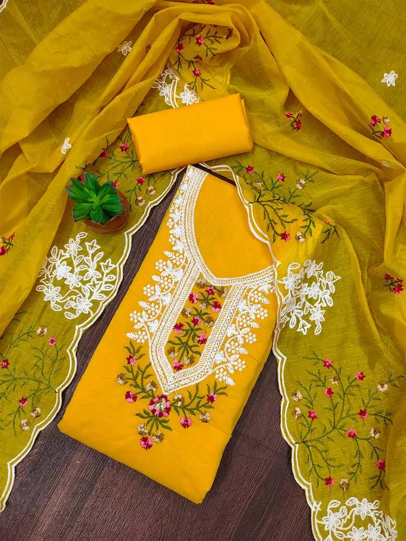 Mustard yellow floral embroidered chanderi cotton salwar suit material unstitched