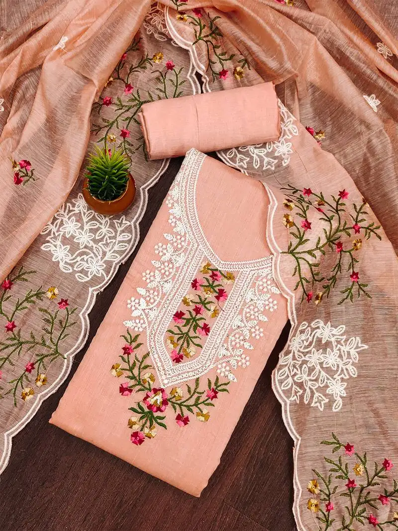 Peach floral embroidered chanderi cotton salwar suit material unstitched