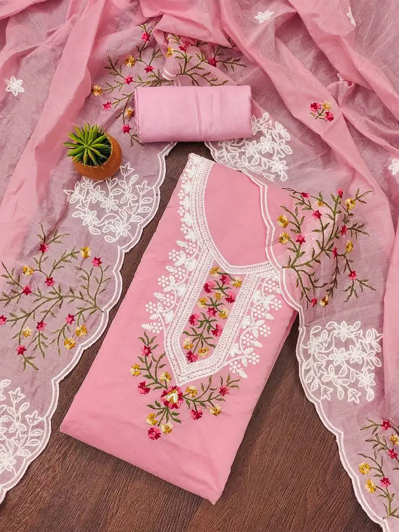 Pink floral embroidered chanderi cotton salwar suit material unstitched