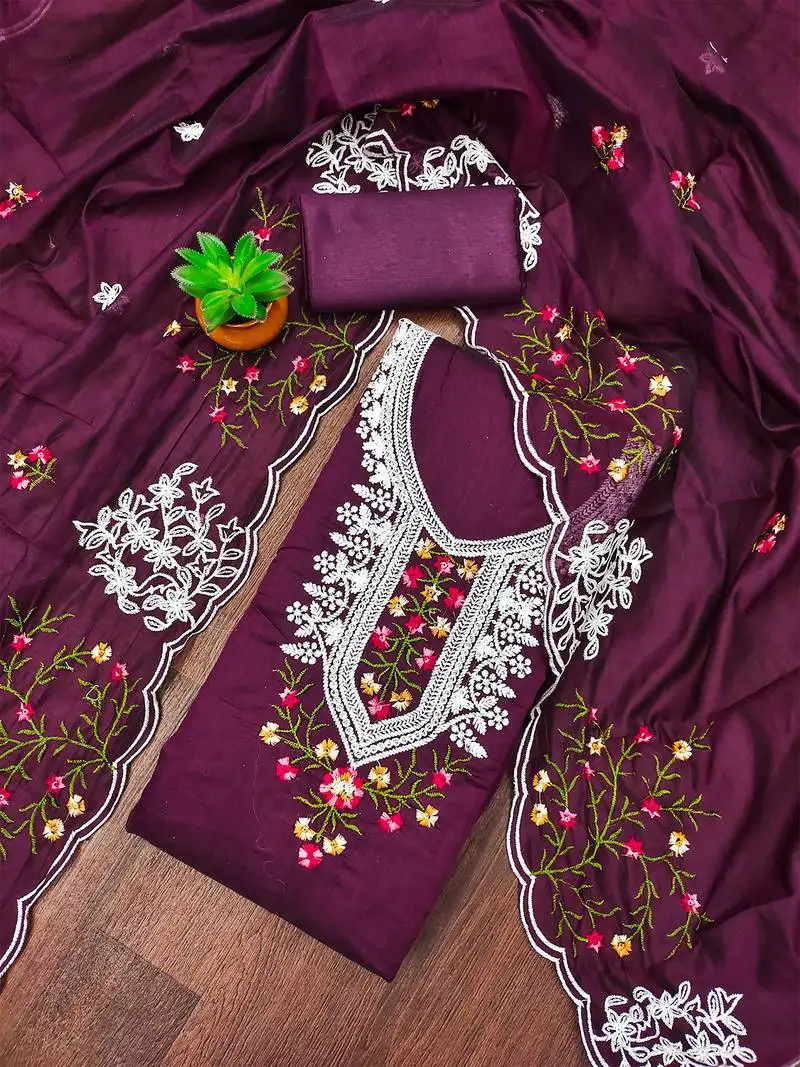Purple floral embroidered chanderi cotton salwar suit material unstitched