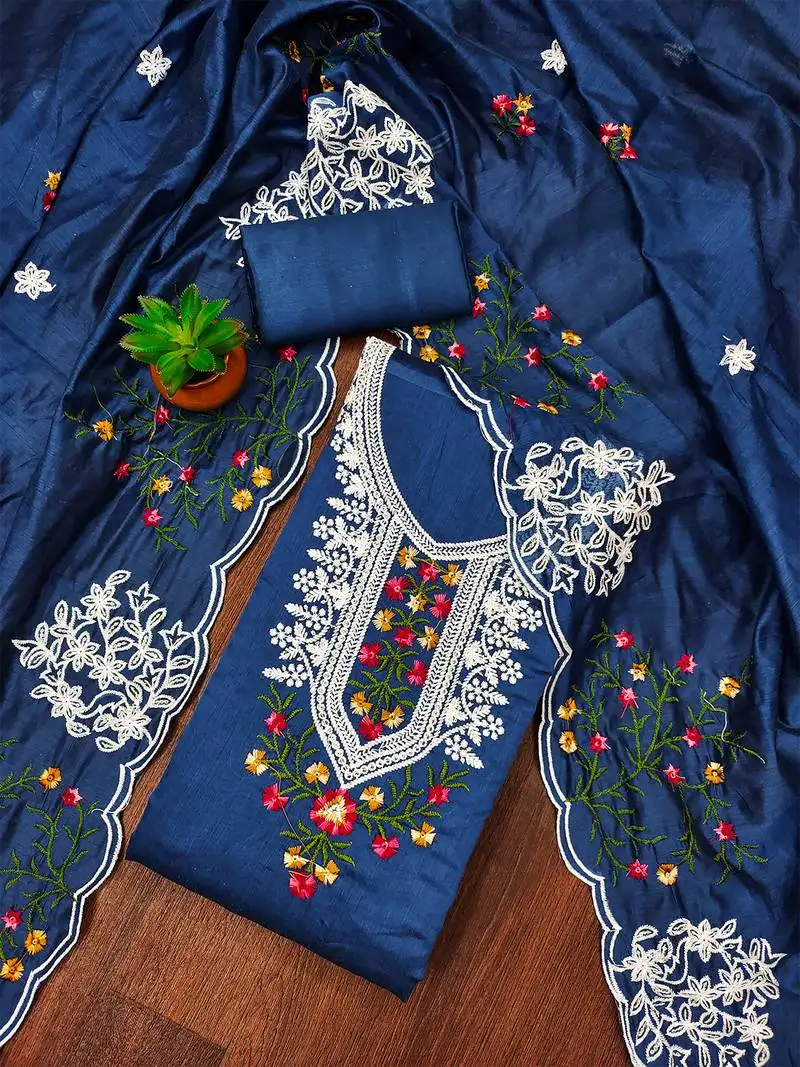 Royal blue floral embroidered chanderi cotton salwar suit material unstitched