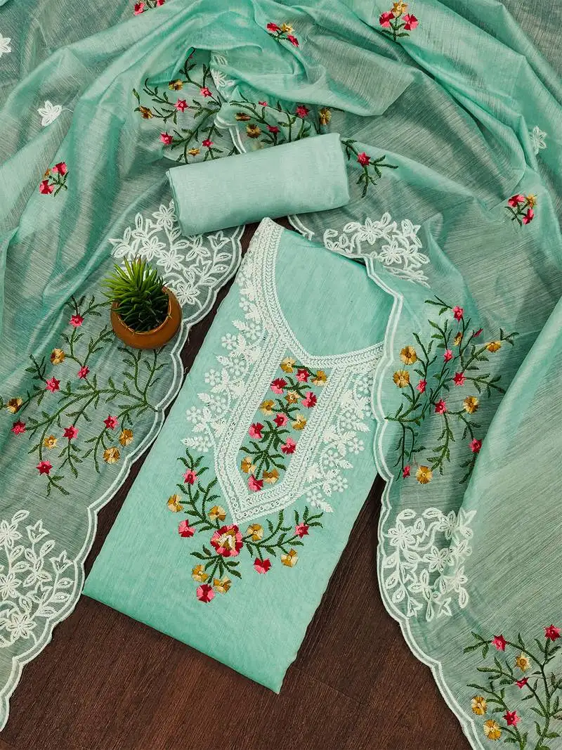 Sea green floral embroidered chanderi cotton salwar suit material unstitched