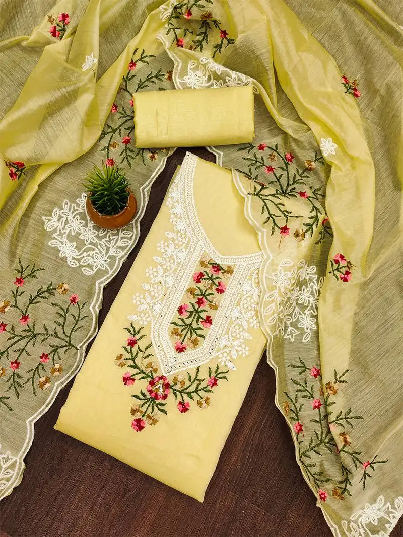 Yellow floral embroidered chanderi cotton salwar suit material unstitched