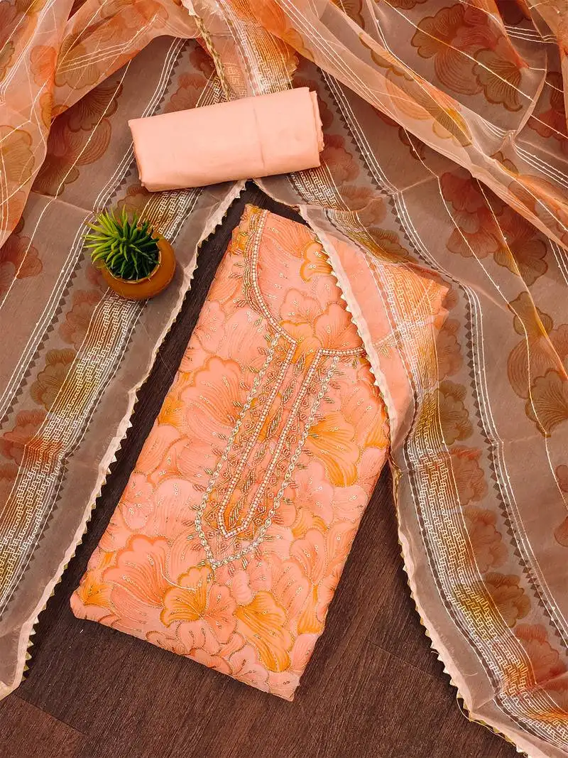 Peach orange floral embroidered organza salwar suit material unstitched