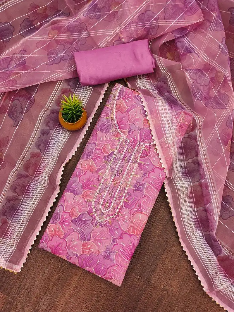 Pink purple floral embroidered organza salwar suit material unstitched
