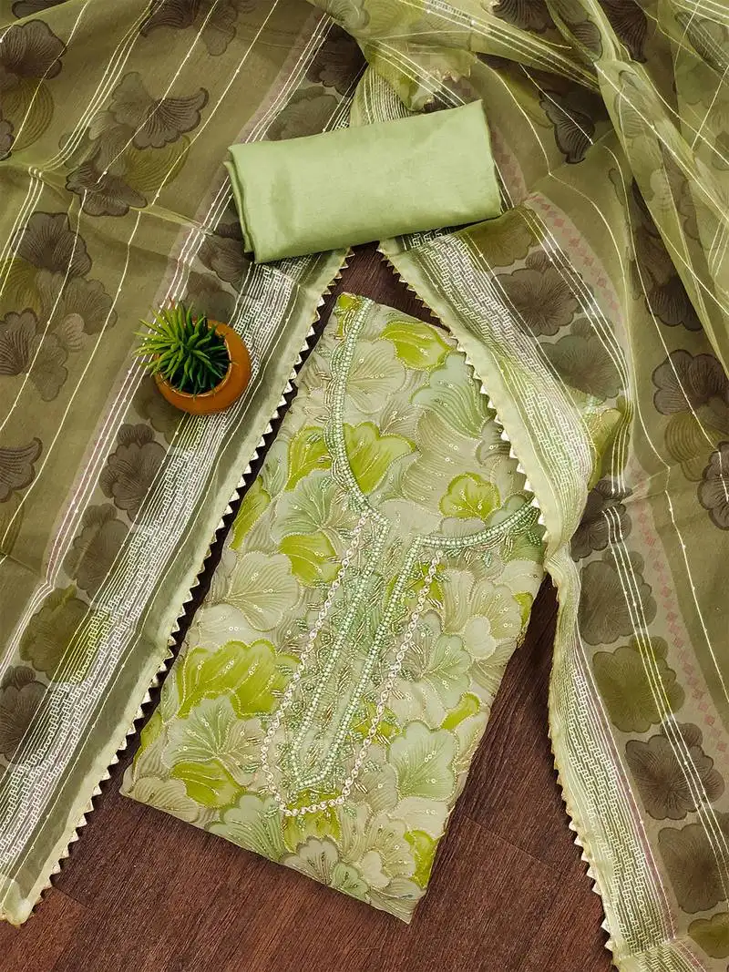 Pista grey floral embroidered organza salwar suit material unstitched