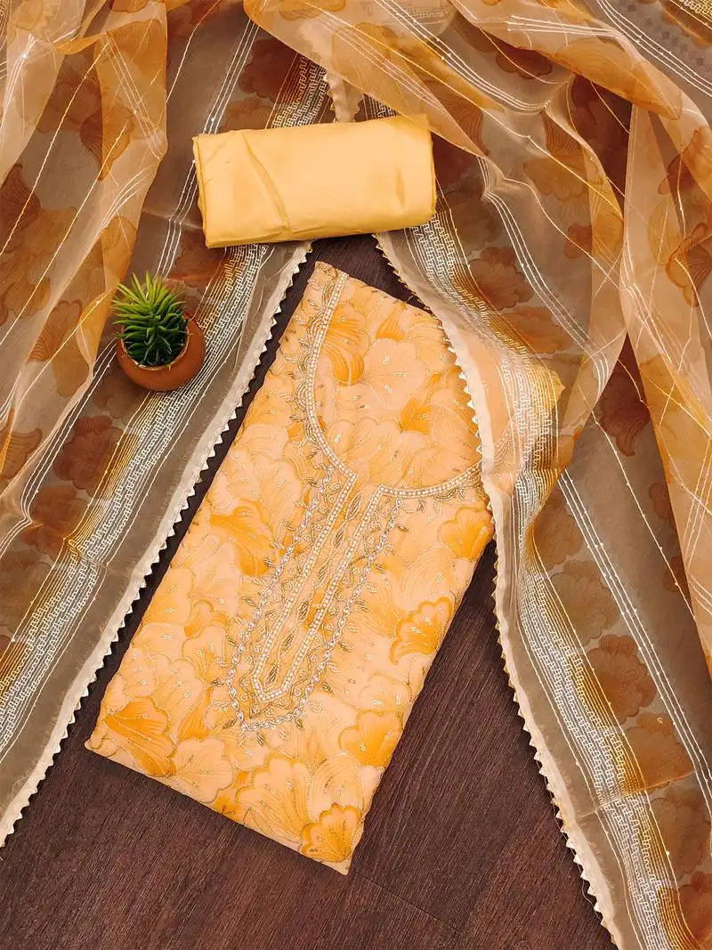 Yellow orange floral embroidered organza salwar suit material unstitched