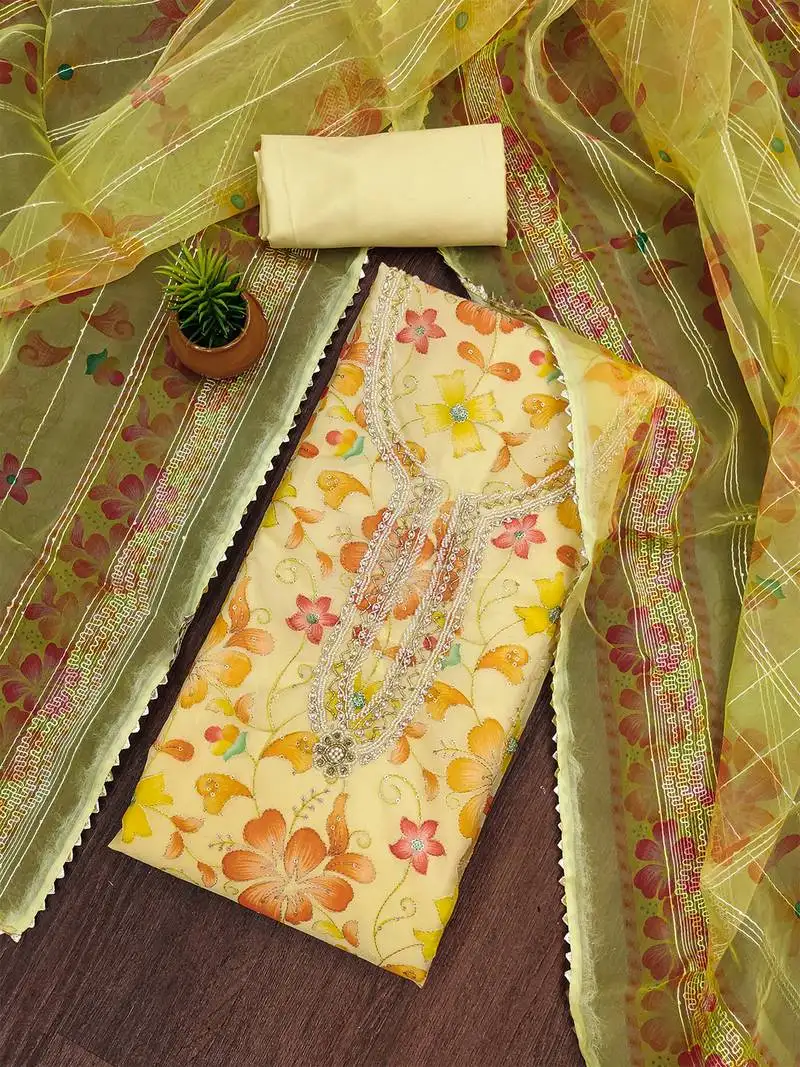 Yellow floral printed organza salwar suit material with embroidered neckline unstitched
