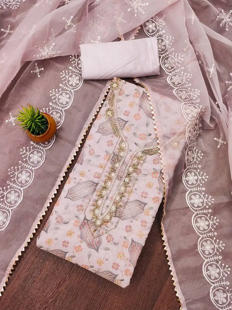 Pastel pink floral embroidered organza salwar suit material with designer neckline unstitched