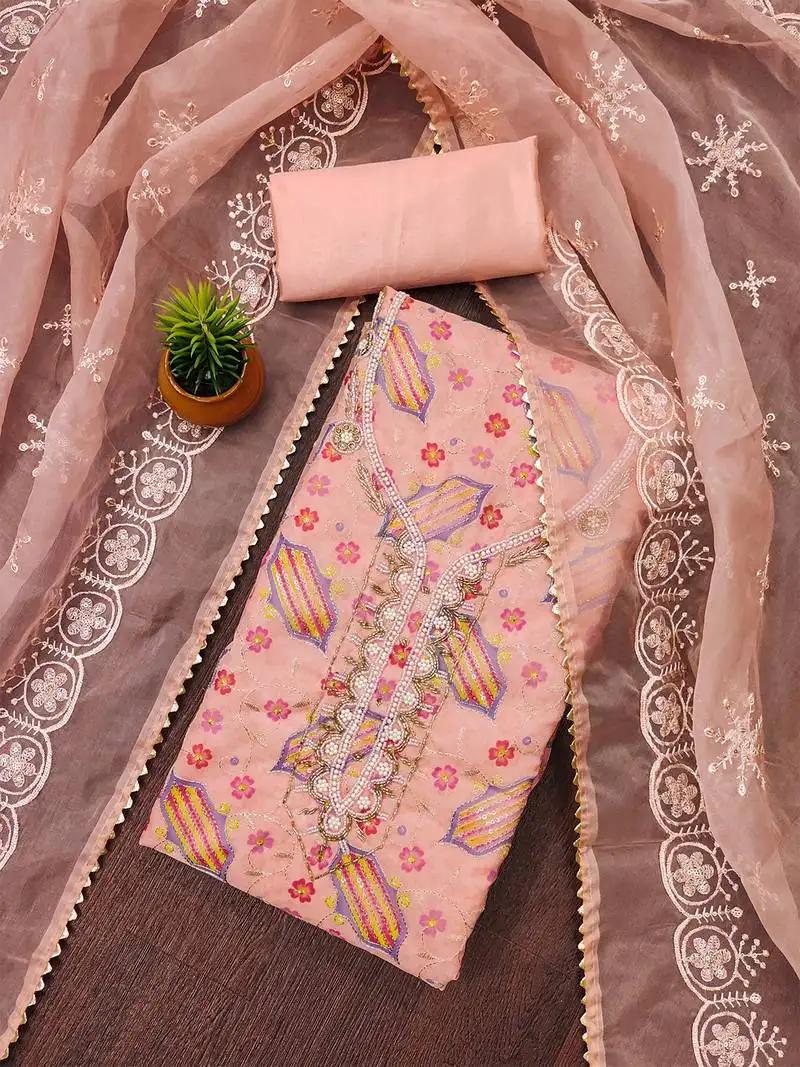 Peach floral embroidered organza salwar suit material with designer neckline unstitched