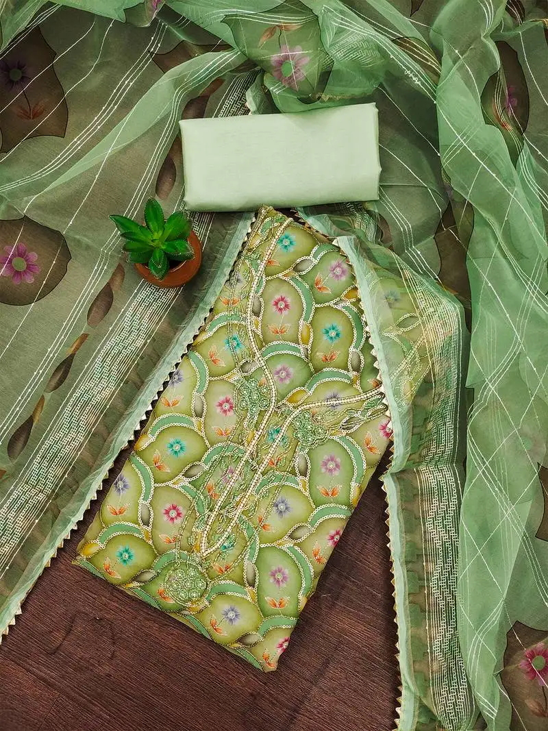 parrot green organza embroidered salwar suit material with floral print dupatta unstitched
