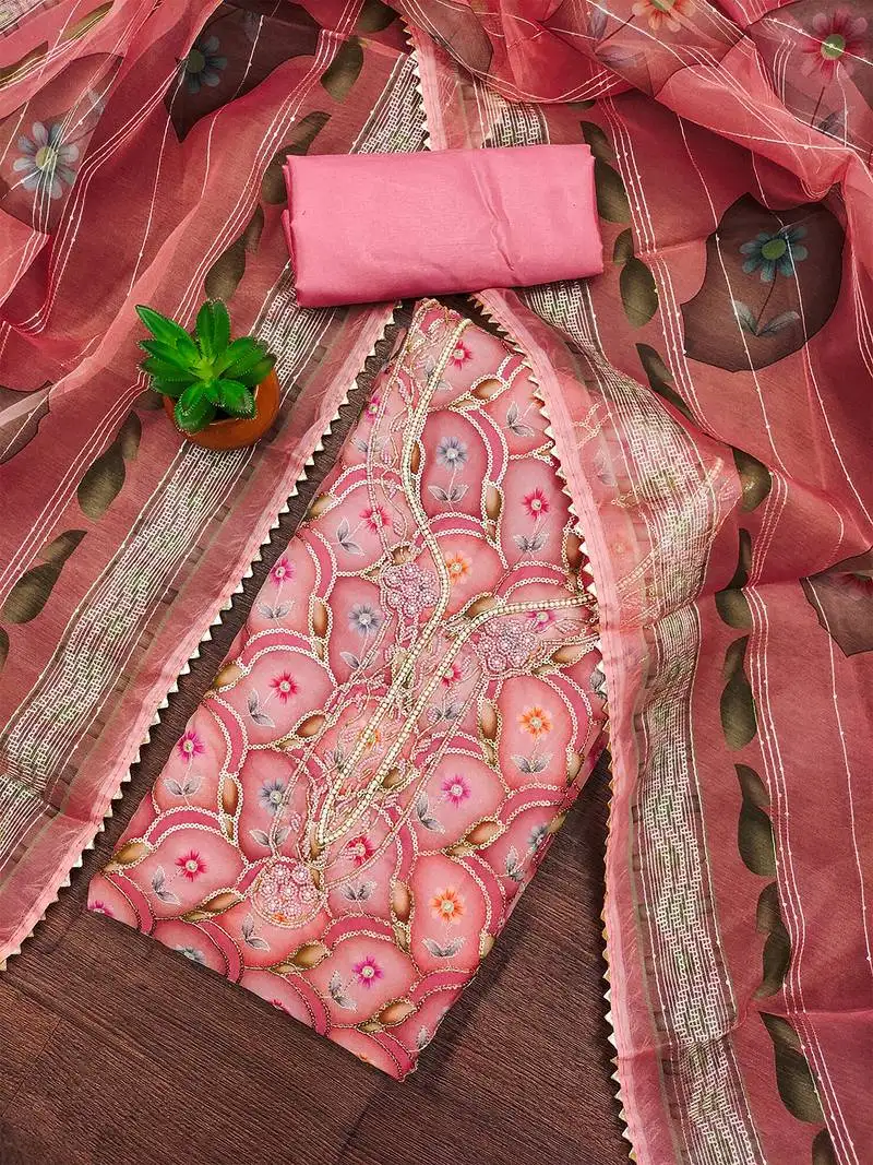 pink organza embroidered salwar suit material with floral print dupatta unstitched