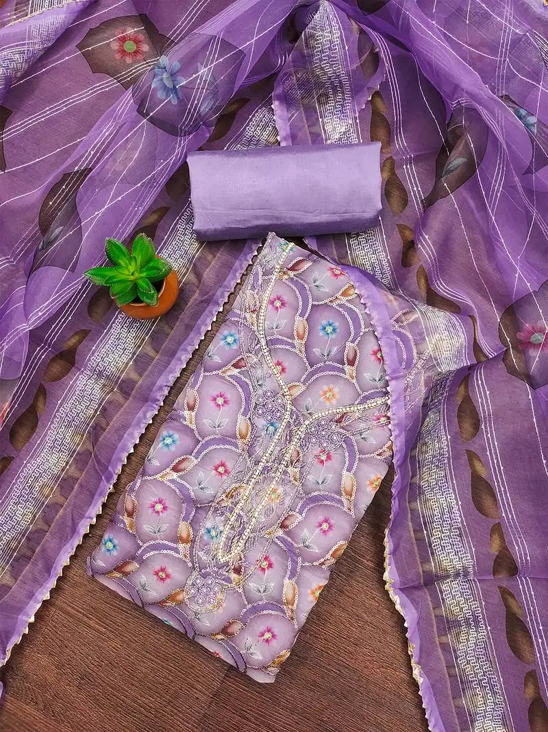 purple organza embroidered salwar suit material with floral print dupatta unstitched