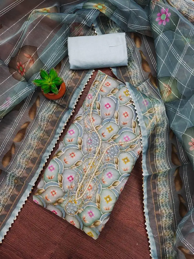 pastel blue organza embroidered salwar suit material with floral print dupatta unstitched