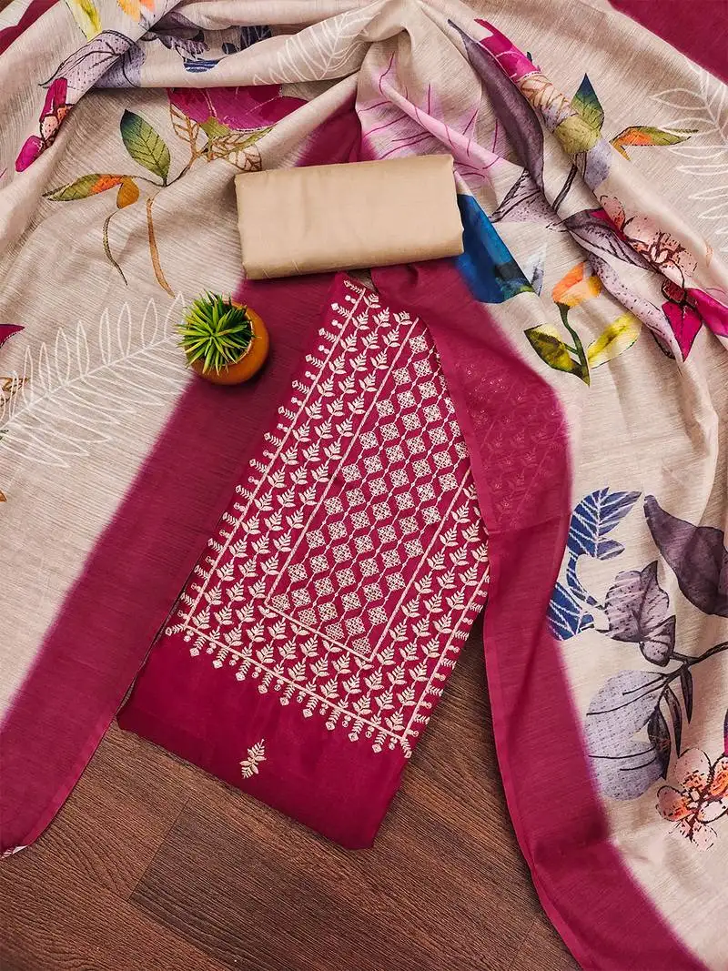 Magenta cotton embroidered suit set with vibrant chanderi dupatta unstitched