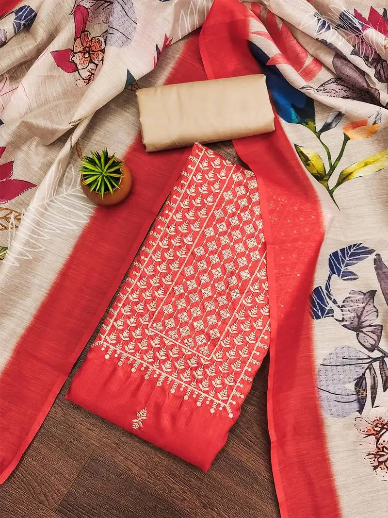 Orange cotton embroidered suit set with vibrant chanderi dupatta unstitched