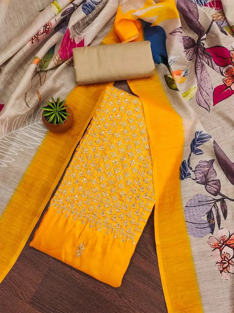 Yellow cotton embroidered suit set with vibrant chanderi dupatta unstitched