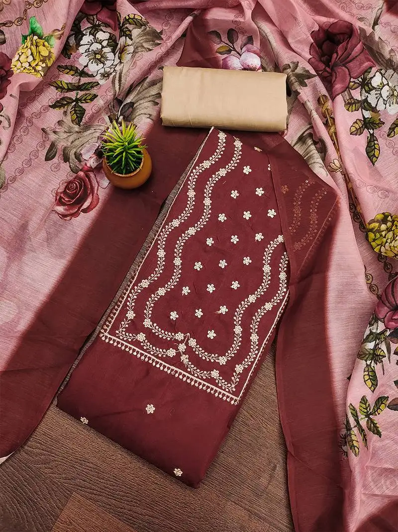 Maroon jalpari cotton embroidered suit set with floral chanderi dupatta unstitched