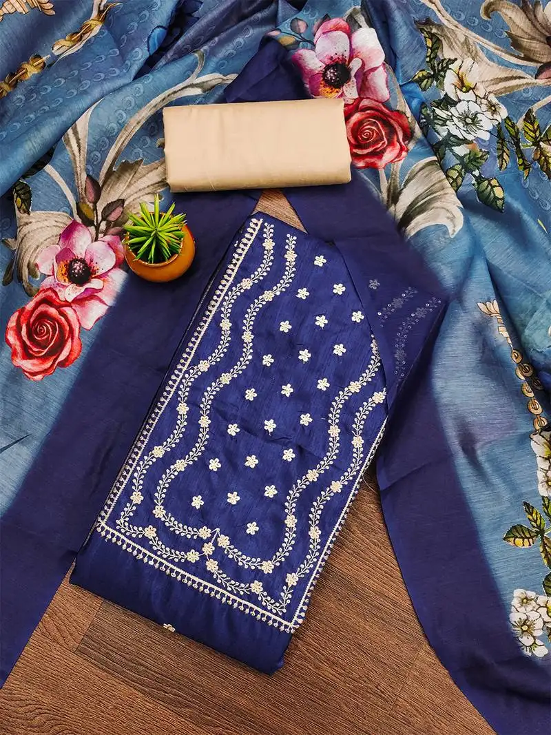 Navy blue jalpari cotton embroidered suit set with floral chanderi dupatta unstitched