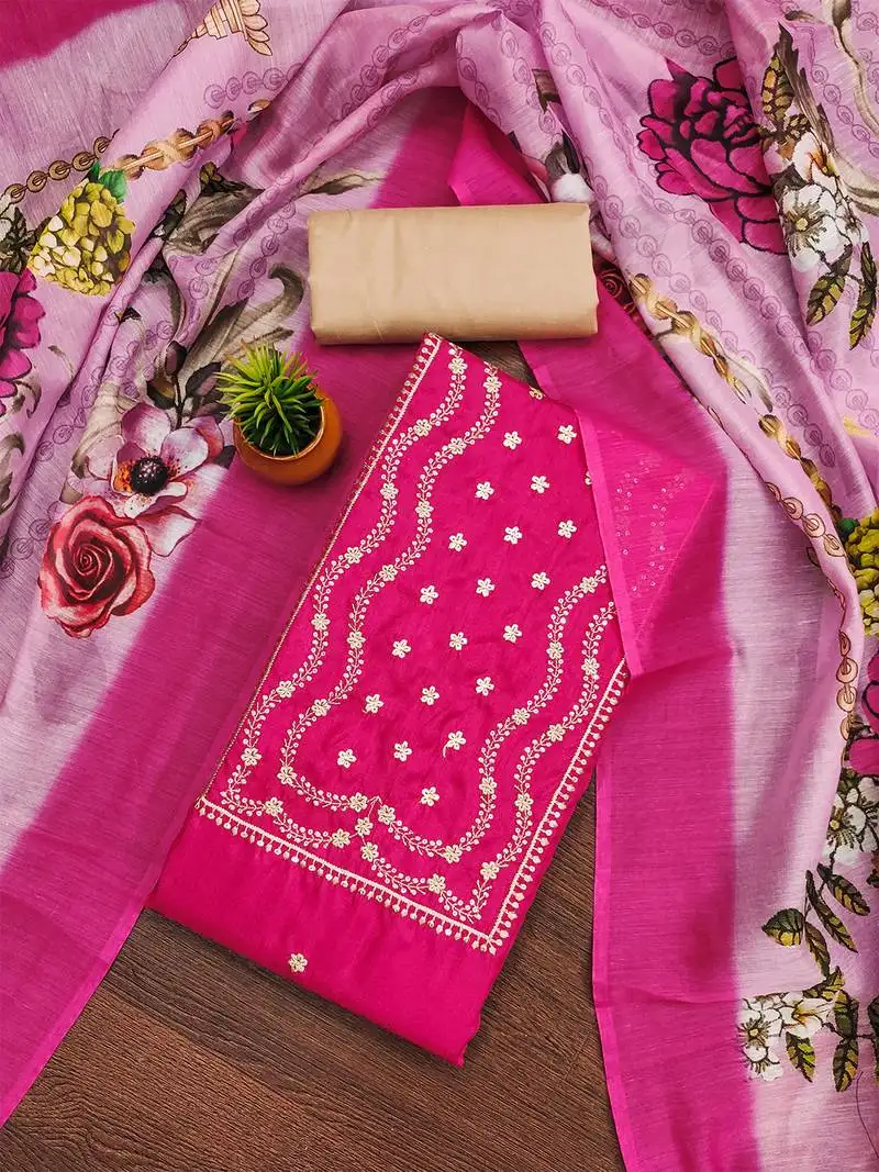 Pink jalpari cotton embroidered suit set with floral chanderi dupatta unstitched