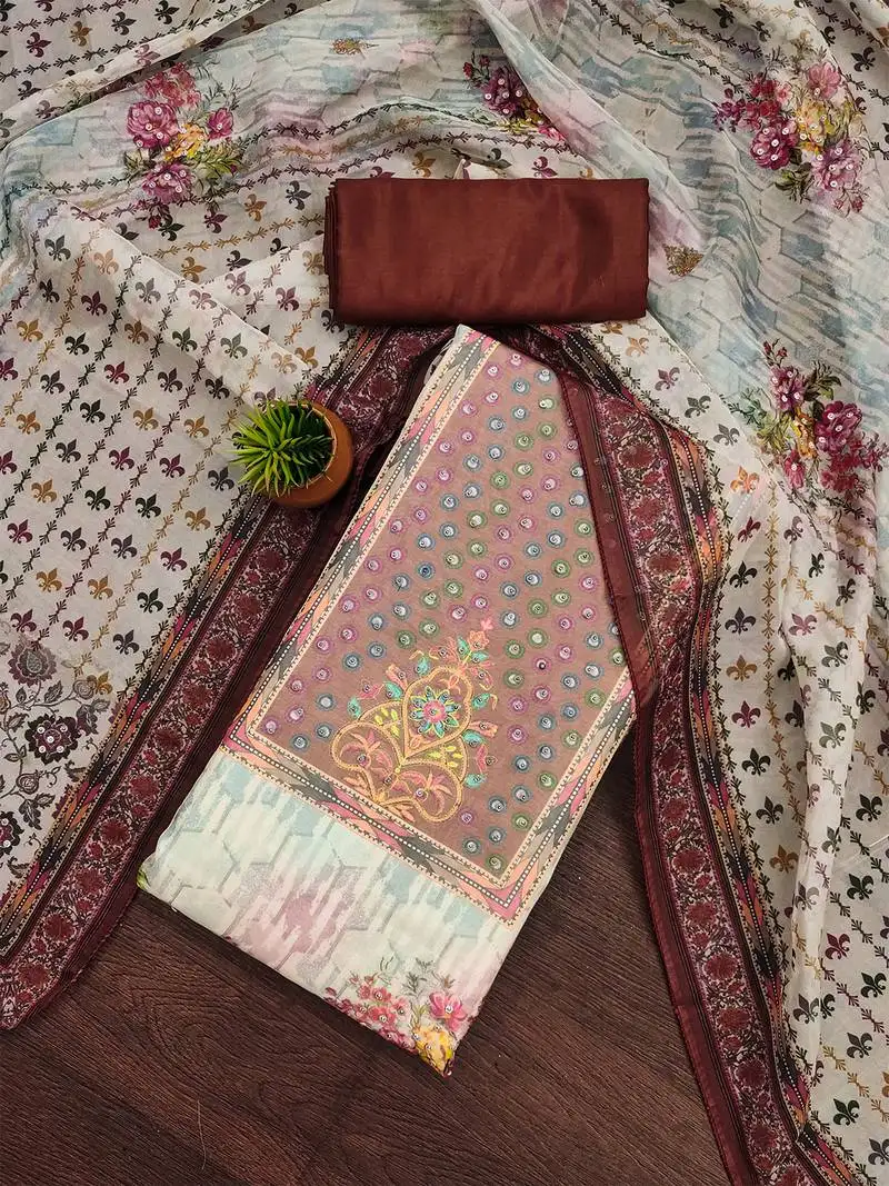 Maroon organza printed salwar suit set with santoon bottom and multicolor organza dupatta unstitched