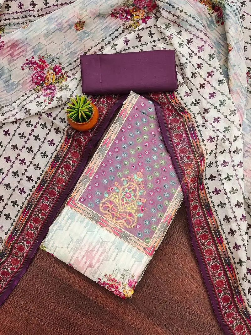 Purple organza printed salwar suit set with santoon bottom and multicolor organza dupatta unstitched