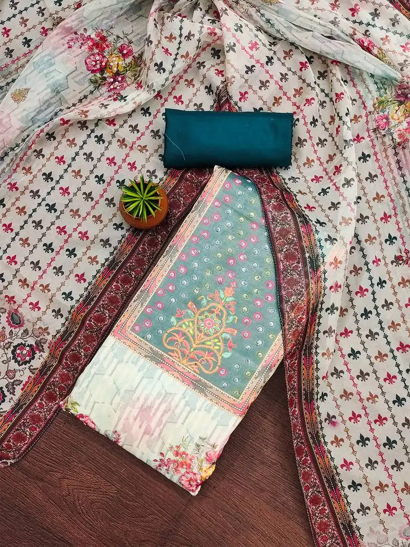 Teal blue organza printed salwar suit set with santoon bottom and multicolor organza dupatta unstitched