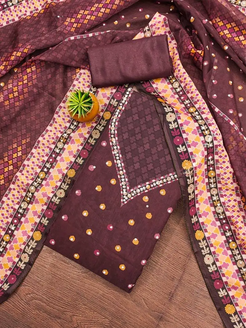 Deep purple organza printed salwar suit set with heavy santoon bottom & designer dupatta unstitched