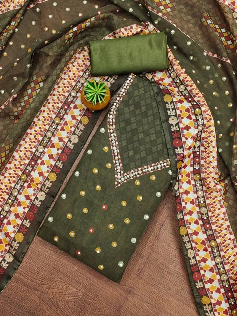 Olive green organza printed salwar suit set with heavy santoon bottom & designer dupatta unstitched