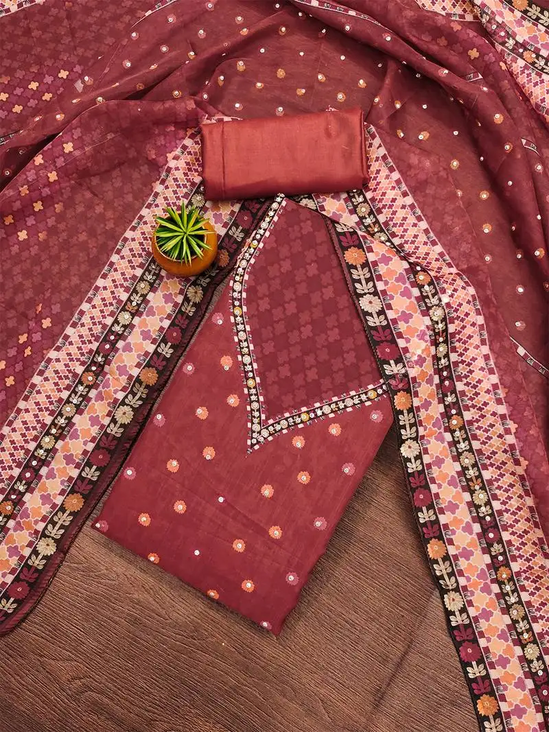 Red organza printed salwar suit set with heavy santoon bottom & designer dupatta unstitched