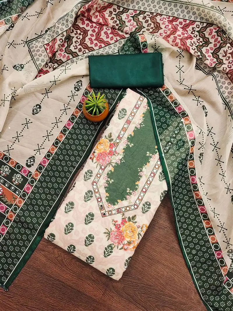 green floral printed organza salwar suit material with heavy santoon bottom unstitched