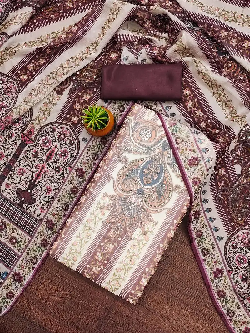 Classic maroon ethnic printed organza salwar suit material with floral motifs unstitched
