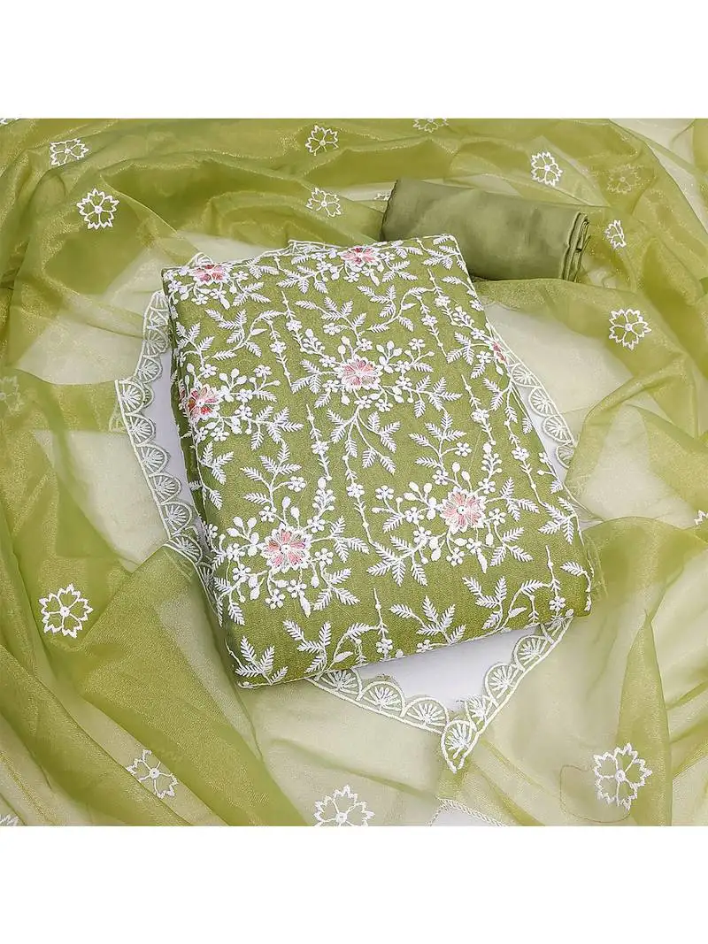 Elegant olive green embroidered organza salwar suit with floral motifs & scallop detailing unstitched