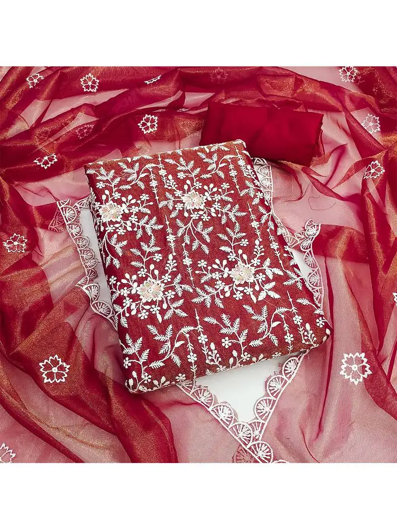 Red embroidered organza salwar suit with floral motifs & scallop detailing unstitched