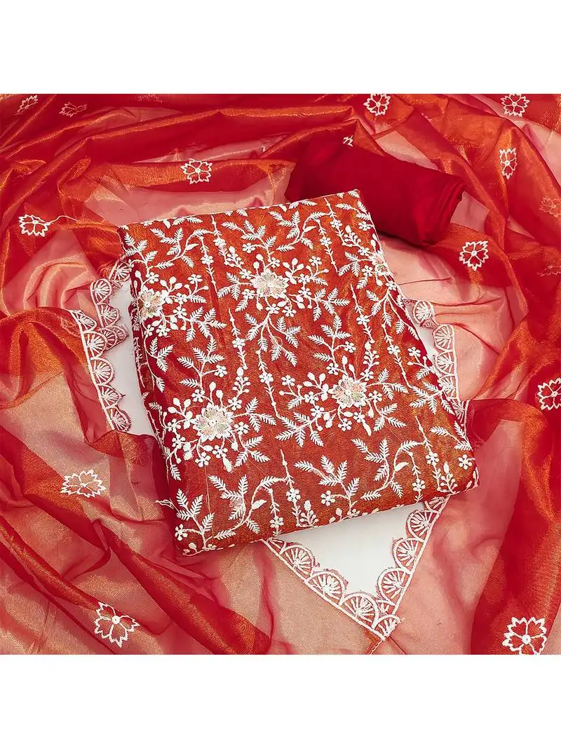 Rust embroidered organza salwar suit with floral motifs & scallop detailing unstitched