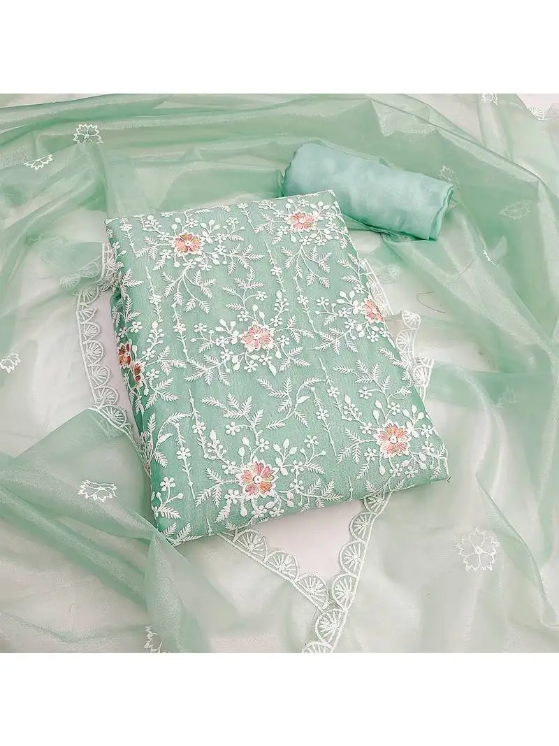 Sea green embroidered organza salwar suit with floral motifs & scallop detailing unstitched