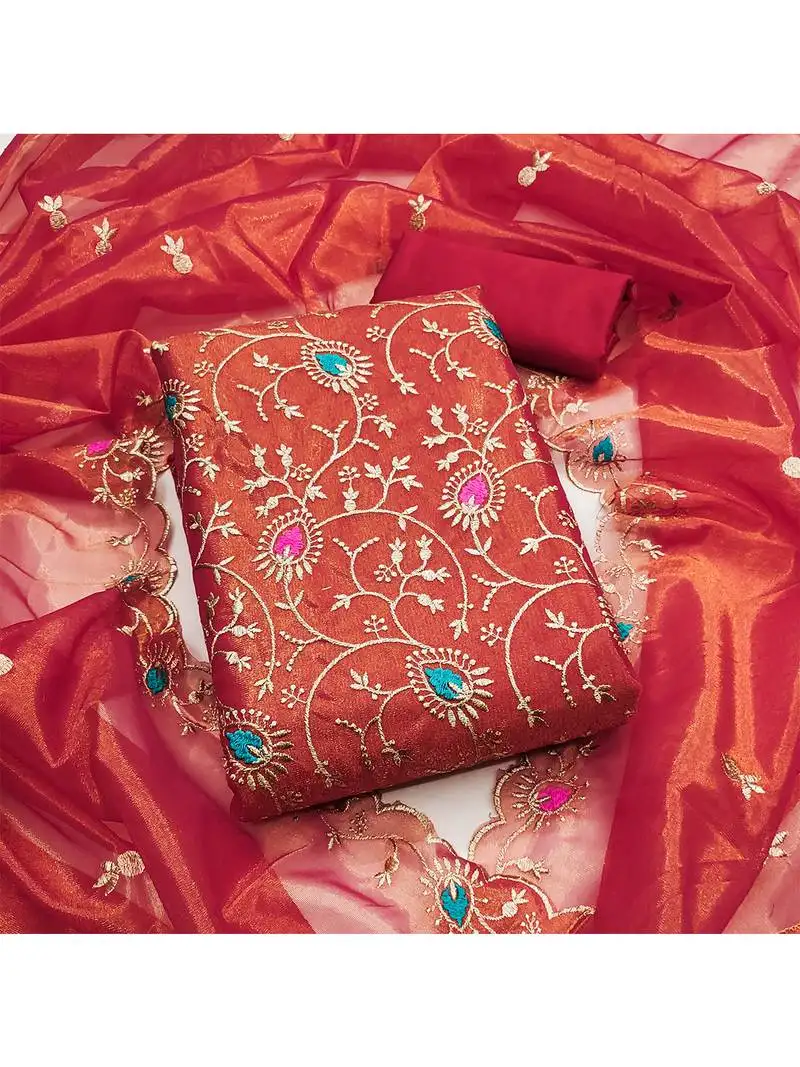 Orange embroidered organza salwar suit material with golden thread & sequin work unstitched