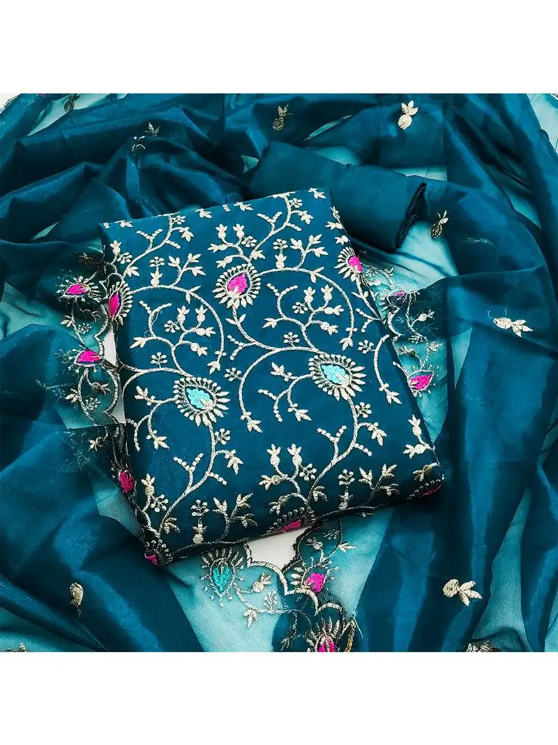 Teal blue embroidered organza salwar suit material with golden thread & sequin work unstitched